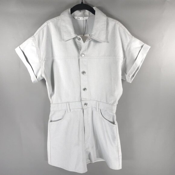 NWT ZARA Metallic Denim 100% Cotton DustyBlue Shimmer Short Romper 6929/201 Sz M - Picture 11 of 14